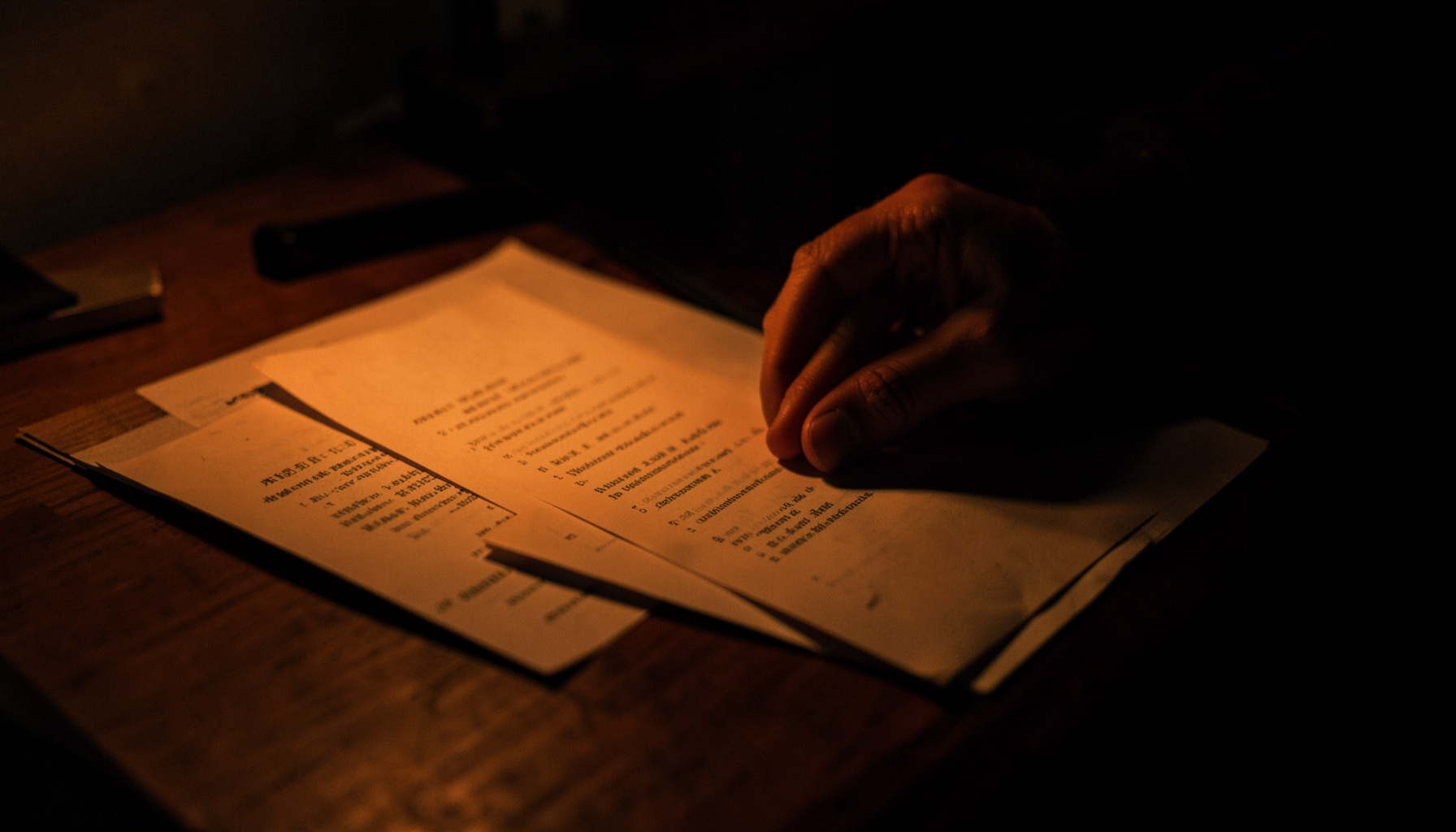 A dark low-key photograph of a hand sorting paper documents on a wooden desk under soft amber light.
