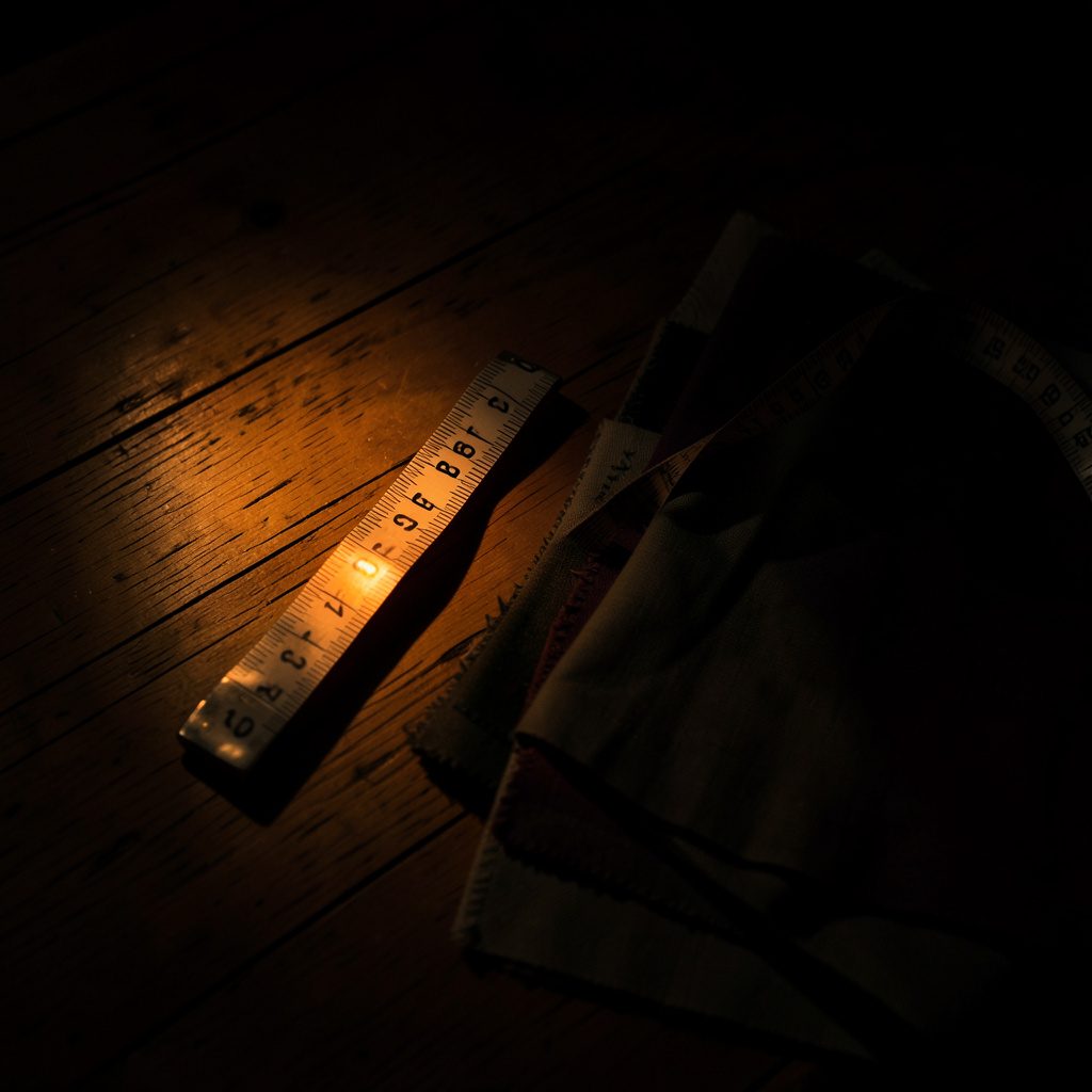 A low-light overhead photograph of a wooden table with a measuring tape and fabric swatches in muted amber light.