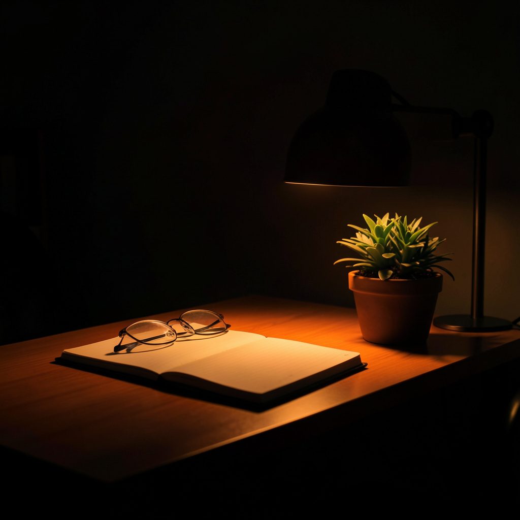 A dim photograph of an empty editor's desk with a notebook, glasses, and a small plant under soft amber accent light.