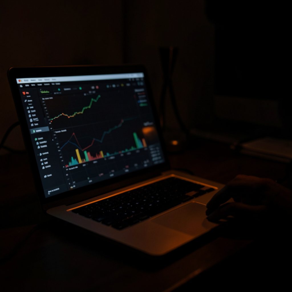 A dark, low-key photograph of a laptop screen showing analytics in a dimly lit workspace with deep shadows.